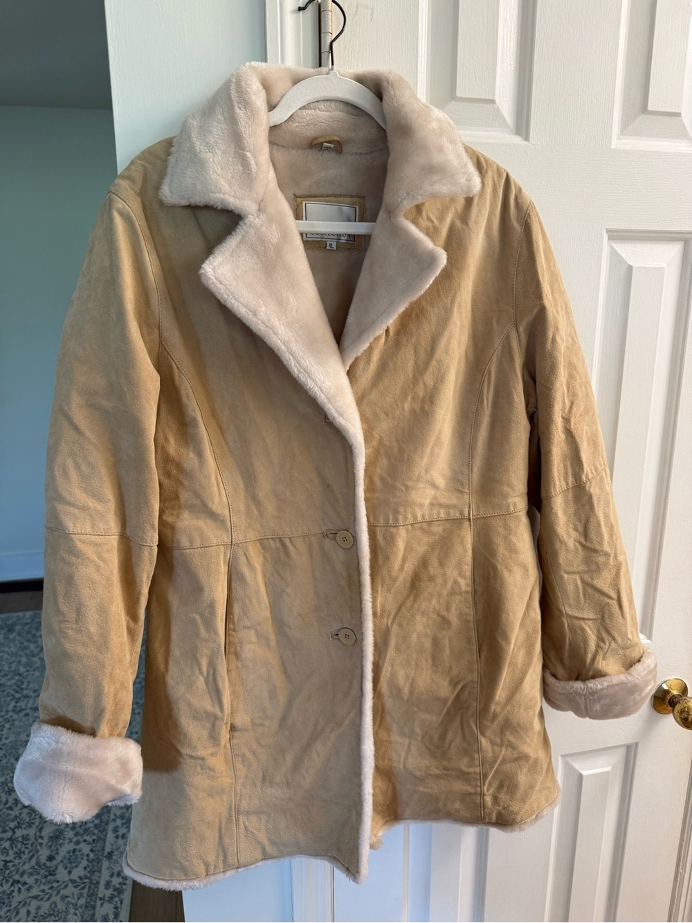Beige Faux-Suede Coat with Cream Faux-Fur Trim